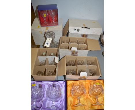 Edinburgh cut crystal ware, to include: brandy balloons; sherry glasses; decanter; port glasses; and other items, all boxed.