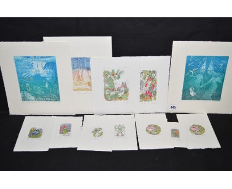 Colour etchings, by Brian Higbee - various subjects, to include: flowers, birds, etc; a colour etching - "At the seaside", no