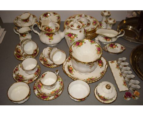 Royal Albert 'Old Country Roses' pattern part dinner and tea service, comprising: tea plates, supper plates, teapot, cups and