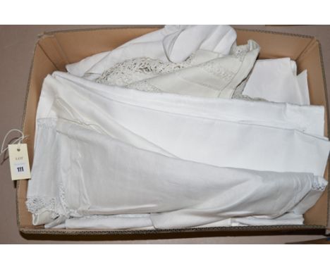 A quantity of good quality table and bed linen; and a crochet tablecloth.