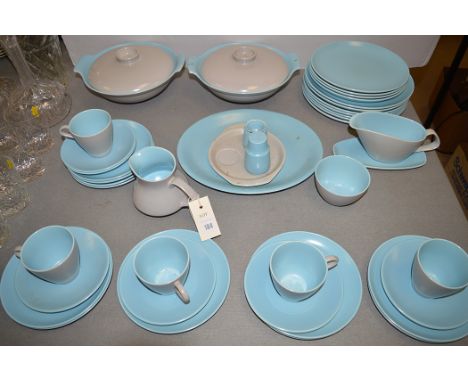 A Poole part dinner and tea service, in blue and grey.