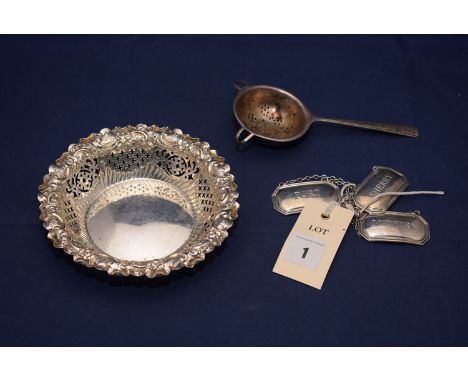 A Victorian silver bon-bon dish, by Fenton Bros., Sheffield 1896; a George VI silver tea strainer, by Cooper Bros. & Sons, Sh