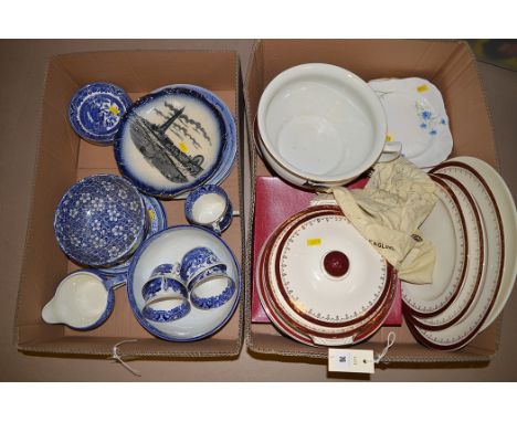 An Alfred Meakin part dinner service, in red and gilt pattern; blue and white dinner and tea ware, by Burleigh Ware; Johnson 