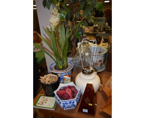 Modern Chinese ceramics, to include: jardinieres; circular dish; and others, some containing plastic plants; two modern table