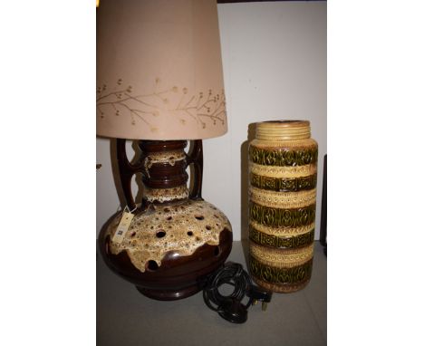 A large pottery drip glaze table lamp with shade; and a West Germany vase, no. 289-41.  (2)