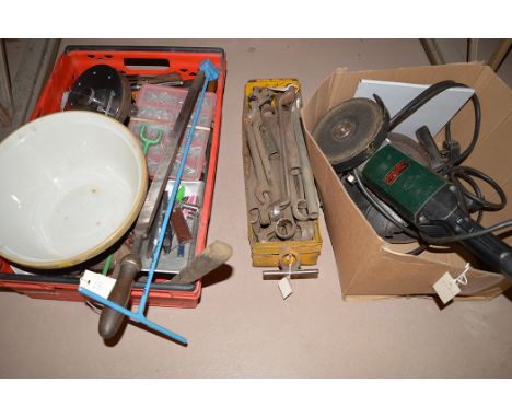 An angle grinder by Metabo, W20230, with grinding disc; spanners; files; and other items.
