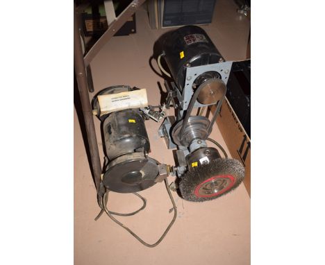 A bench mounting metal polishing unit, fitted wire disc, powered by a Crompton Parkinson 250 volt motor; together with a benc