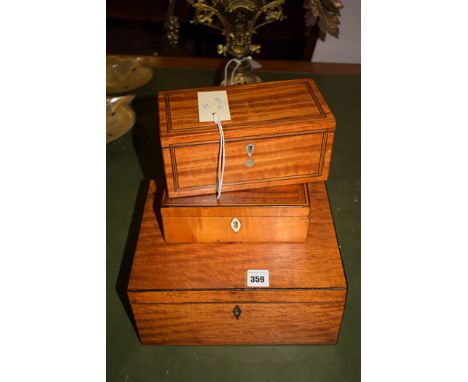 A 19th Century satin mahogany tea caddy, inlaid with rosewood, boxwood and ebony stringing, opening to reveal later velvet li