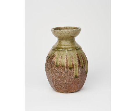 Richard Batterham (1936-2021) a salt-glaze stoneware cut-sided bottle, the neck and shoulder with running ash glaze unsigned 