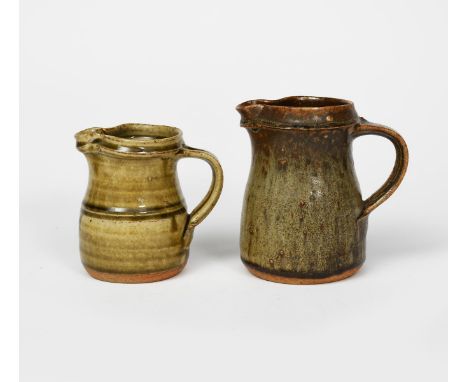 Richard Batterham (1936-2021) a stoneware jug, covered in an ash glaze, the rim iron, and another smaller, unsigned 13cm. hig