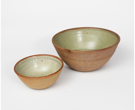Richard Batterham (1936-2021) a stoneware mixing bowl with chattering band, glazed ash to the interior, and another smaller, 
