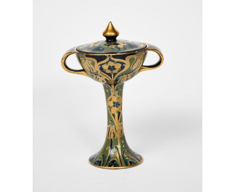 A James Macintyre &amp; Co Green and Gold Florian Ware  twin-handled coupe and cover designed by William Moorcroft, tubeline 