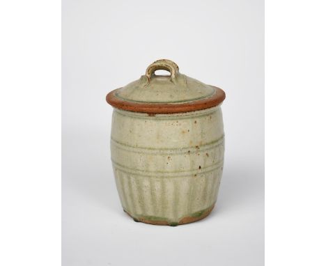 Richard Batterham (1936-2021) a stoneware sugar jar, covered in a celadon ash glaze to the foot unsigned painted cobalt 879 1