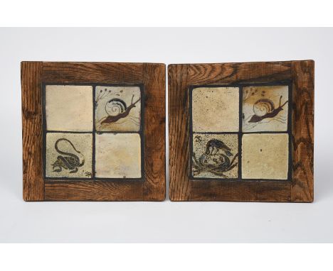 Bernard Leach, CBE (1887-1979), attributed two Leach Pottery four tile panels, one painted with a snake attacking a turtle op