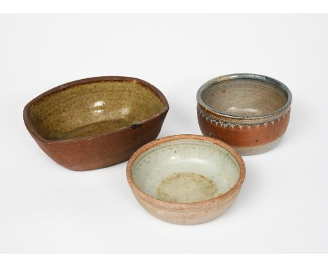 Richard Batterham (1936-2021) an early oblong bowl  swollen rectangular form, ash glaze to interior, a salt-glaze stoneware b