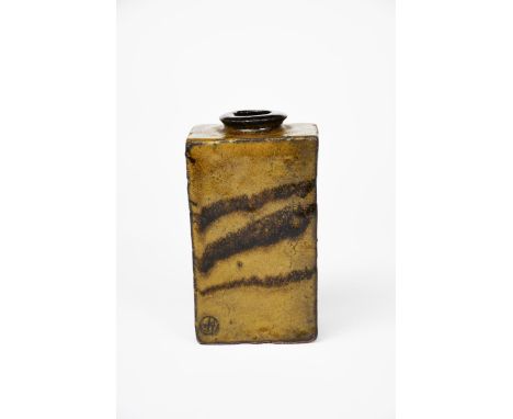 Henry Hammond (1914-1989) a stoneware slab vase, rectangular section with collar rim, painted with simple tenmoku brushed lin