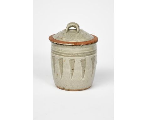 Richard Batterham (1936-2021) a cut-sided stoneware sugar canister and cover, covered to the foot in an ash glaze unsigned 18