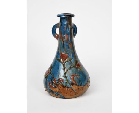 A rare Sunflower Pottery vase by Sir Edmund Elton, tapering cylindrical form with three looped handles and everted top rim, a