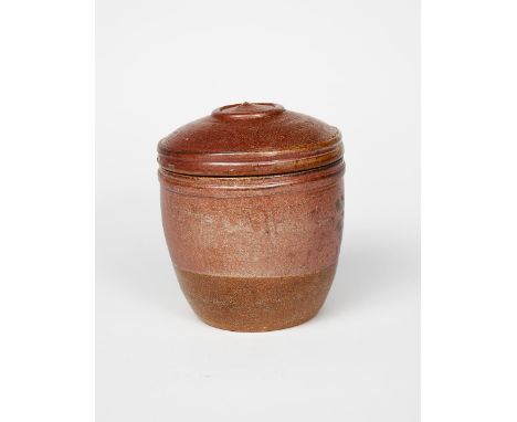 Richard Batterham (1936-2021) salt-glaze stoneware tea canister, with red salt glaze unsigned incised 28 22.5cm. high Provena