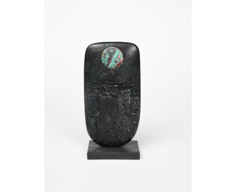 Peter Hayes (born 1946) Bow Form, textured black raku set with copper roundel, On black slate base incised Peter Hayes to bas