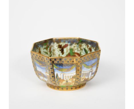 'Dana' a Wedgwood Fairyland lustre octagonal bowl, Z5125, printed and painted in colours and gilt, the interior on a mottled 