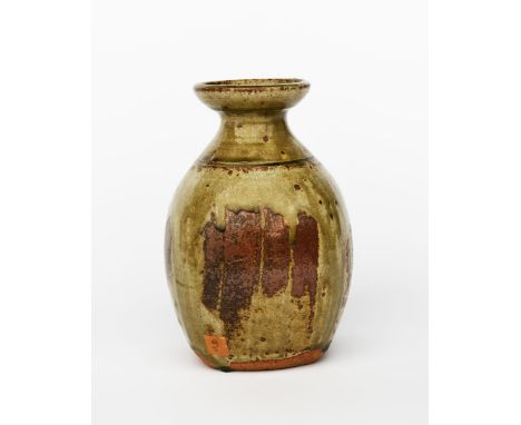 Richard Batterham (1936-2021) a stoneware flower bottle, swollen square section with flaring rim, covered with a partial ash 