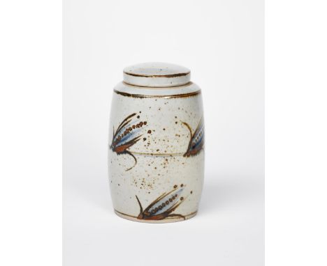 David Leach OBE (1911-2005) a Lowerdown Pottery stoneware tea caddy and cover, painted with simple flowerhead motif in tenmok