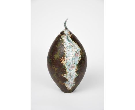 Roger Cockram (born 1947) Salmon Run stoneware vase and cover, modelled and incised with a fish swimming in a stream, the cov