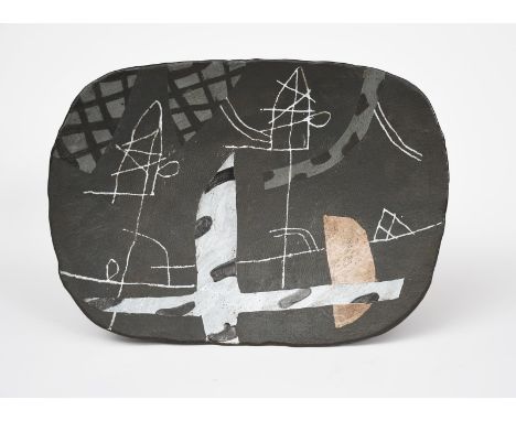 John Maltby (1936-2020) a large stoneware dish on four feet, rounded rectangular form with textured surface, painted with a l