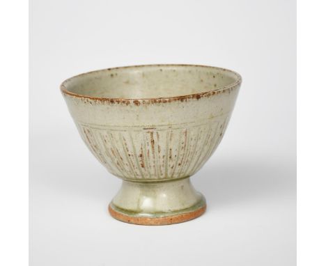 Richard Batterham (1936-2021) a cut-sided stoneware pedestal bowl, covered to the foot with elm ash glaze, unsigned, 12.5cm. 