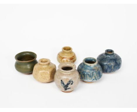 Katharine Pleydell-Bouverie (1895-1985) six stoneware miniature vases, glazed in shades of cobalt blue, ash and green, impres