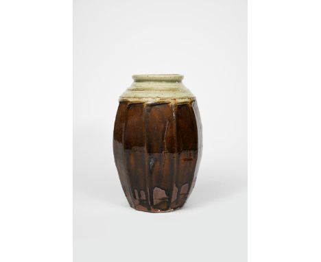 Richard Batterham (1936-2021) a stoneware cut-sided lily vase, covered to the shoulder and neck with ash, the body a band of 