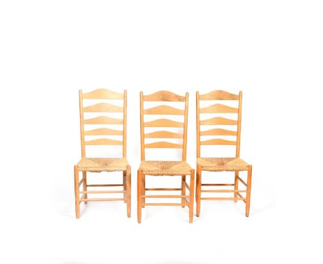 Three natural ash Gimson ladderback (no.1A) chairs by Neville Neal, and two other Gimson ladderback chairs by Neville Neal, w