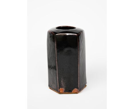 Bernard Leach CBE (1887-1979) a Leach Pottery stoneware cut-sided vase, hexagonal section with inverted rim, incised lightly 