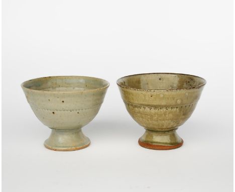 Richard Batterham (1936-2021) a stoneware pedestal bowl with chattering band, covered in an ash glaze, and another stoneware 