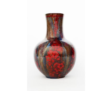 A large Royal Doulton Sung vase by Charles Noke, ovoid with cylindrical neck, painted with prunus blossom, in ruby flambe und