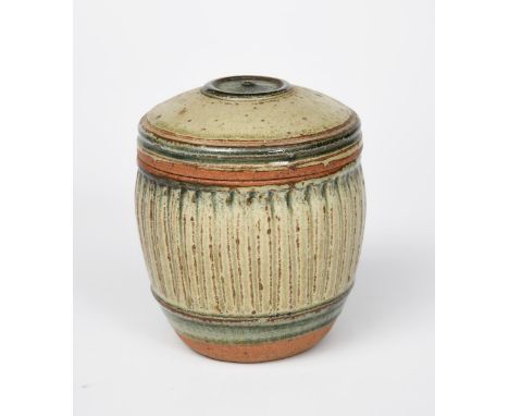 Richard Batterham (1936-2021) a cut sided stoneware tea caddy and cover, covered to the foot in ash glaze unsigned, painted c