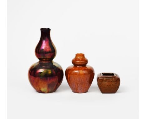 A Pilkington's Lancastrian vase,  void with swollen knopped neck, covered in a streaked aventurine glaze, another smaller squ