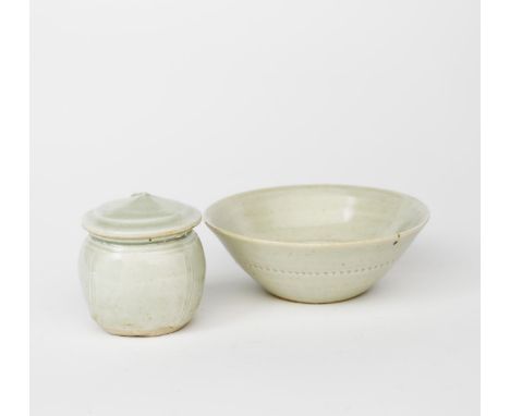 Richard Batterham (1936-2021) a small porcelain beaten caddy and cover, covered in a pale celadon glaze, and a porcelain avoc