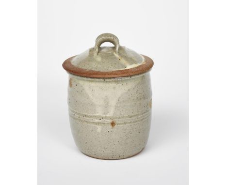 Richard Batterham (1936-2021) a stoneware sugar jar and cover, covered to the foot with pale ash glaze unsigned, painted coba