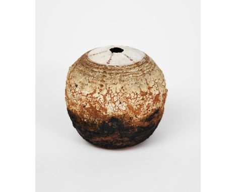 Robin Welch (1936-2019) ovoid pot, stoneware, with white crackled glaze band to the shoulder, with irregular aperture and pie
