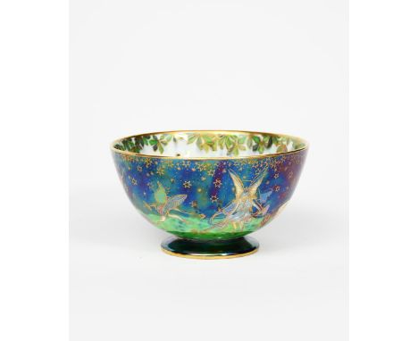 'Leapfrogging Elves' a Wedgwood Fairyland Lustre bowl designed by Daisy Makeig-Jones,  footed form, printed in gilt on a midn