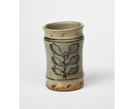 Bernard Leach CBE (1887-1979) a Leach Pottery stoneware vase, waisted cylindrical form, painted with a simple ash glaze, pain