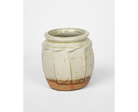 Richard Batterham (1936-2021) a cut-sided stoneware vase, covered to the foot with an ash glaze unsigned, painted cobalt numb