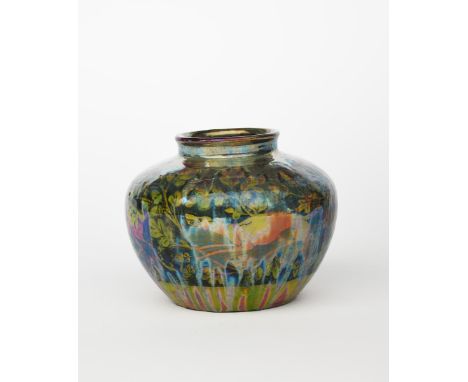 A Pilkington's Lancastrian Pottery vase by William S Mycock, dated 1912, shouldered ovoid form, painted with hounds chasing d