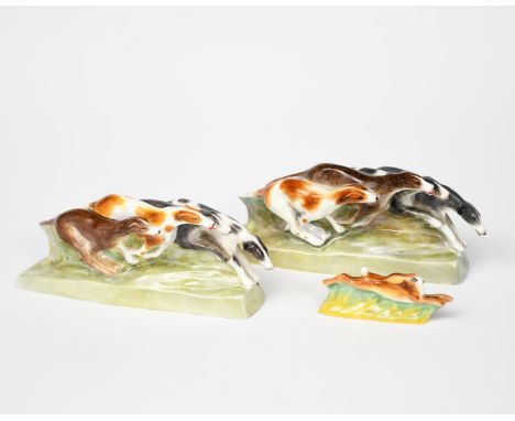 Stella Crofts (1898-1964) Greyhounds and Hare two Royal Worcester greyhound figure groups, model no.2891/1 and 2891/2, and a 
