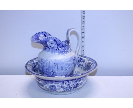 A blue and white hand basin and jug AF.  No postage 
