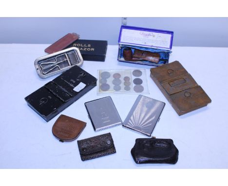 A good group of collectables including cigarette cases, coins, Roller Razer etc 