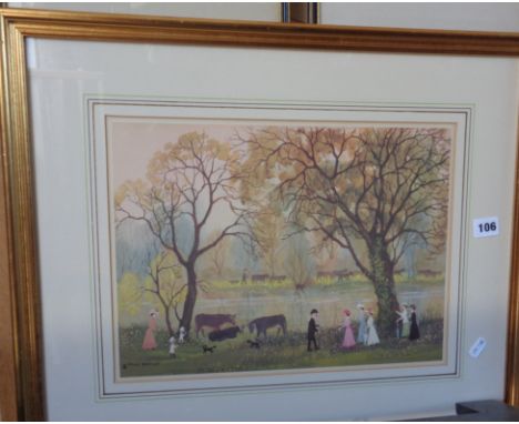 A Helen BRADLEY coloured print of a riverside scene with figures