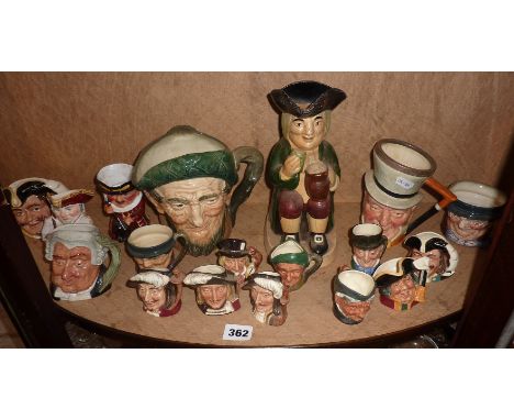 Shelf of miniature Royal Doulton character jugs and others